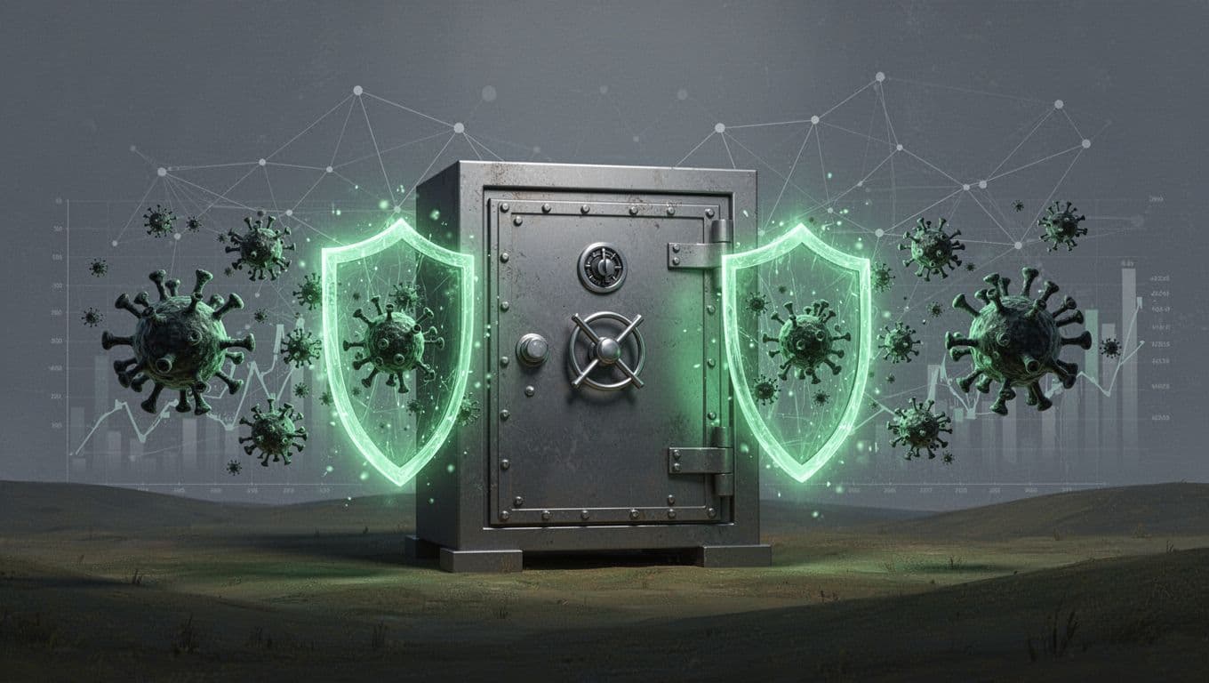Modern illustration of a fortified bank vault under cyber attack with virus icons approaching but blocked by glowing shields, financial network nodes and charts in background.