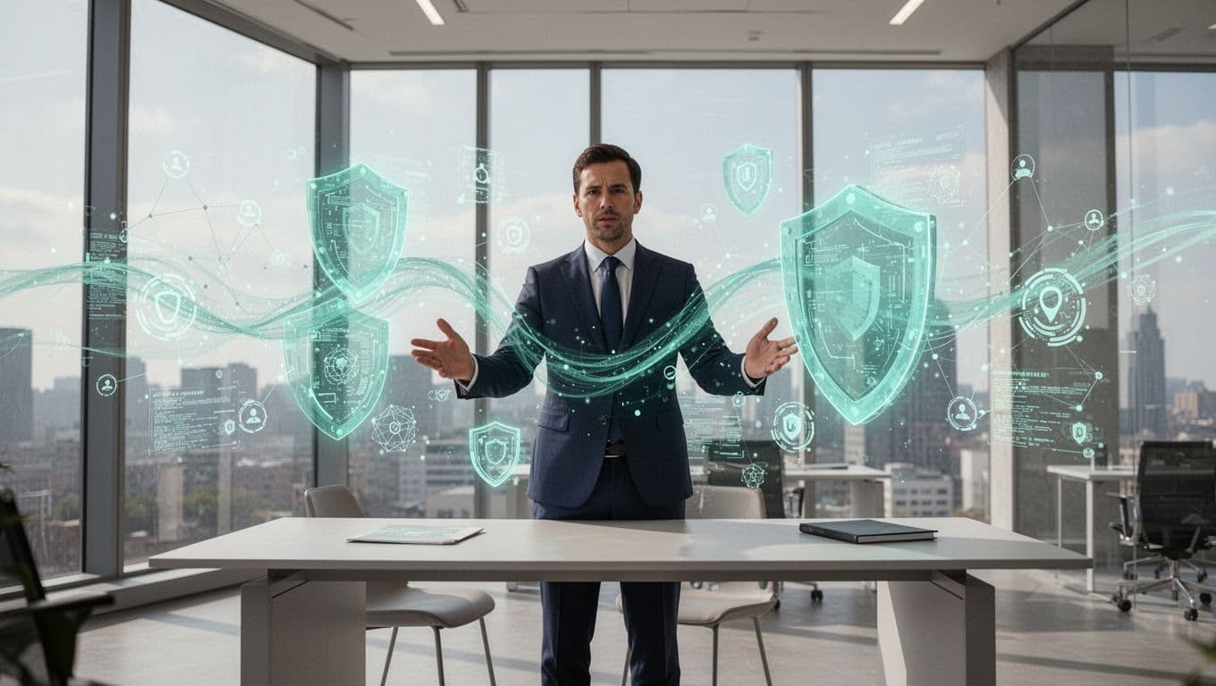 Modern illustration of a confident cybersecurity executive at a desk, protected by holographic shields over digital data streams and network icons in a contemporary office with natural lighting.