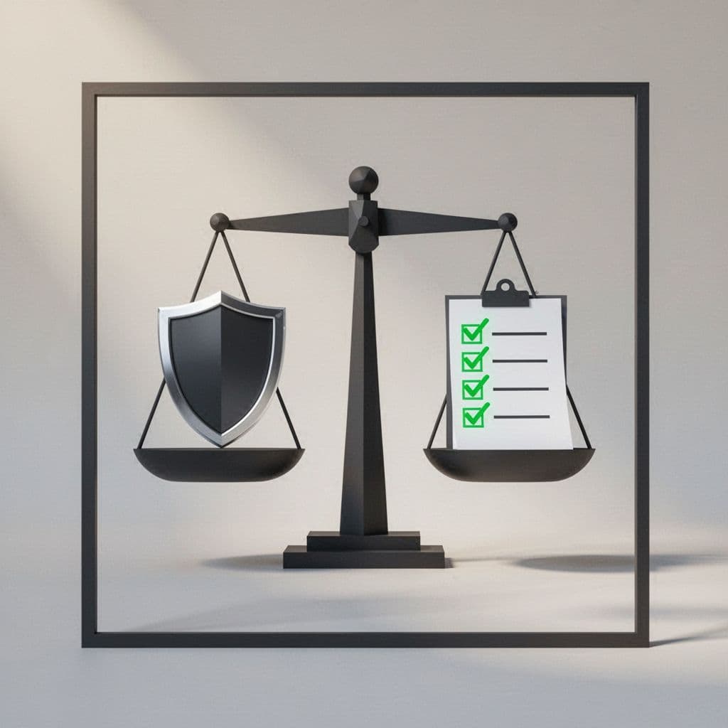 Modern illustration of balanced scales comparing security shields and checklists for two firms, with highlights on services, compliance, and cost positives.
