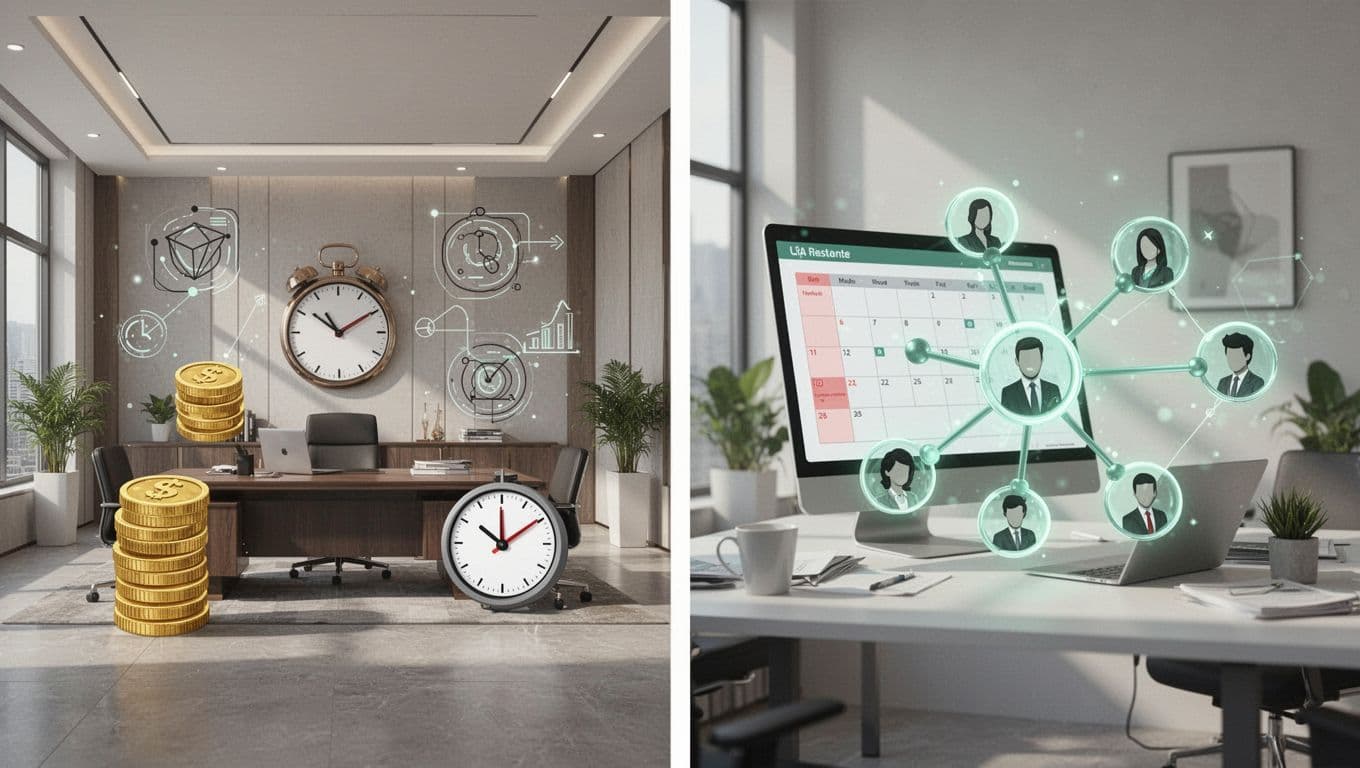 Modern illustration in clean shapes showing side-by-side comparison: left full-time CISO in crowded expensive office with high cost icons, right flexible fractional CISO sharing across clients with green accents.