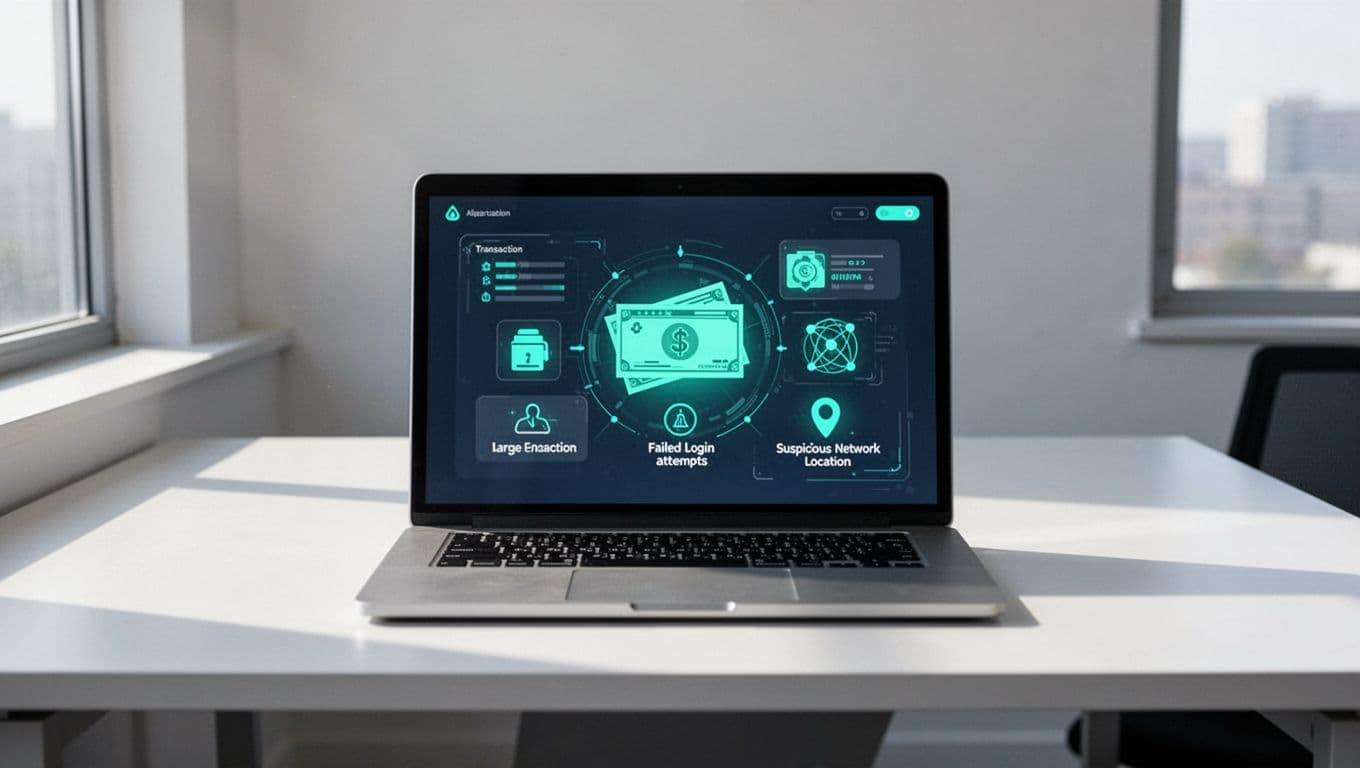 Modern illustration of a central alert dashboard on a laptop screen showing icons for unusual large transaction, multiple failed logins, and suspicious IP location, set on a simple office desk with soft lighting.