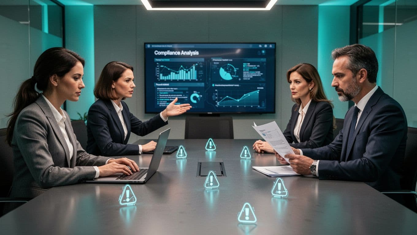 Modern illustration featuring three professionals, a fraud analyst at a laptop, compliance manager pointing at a screen, and executive reviewing a document, in a conference room around a table with fraud alert icons, using clean shapes and a controlled color palette accented by #22C55E.