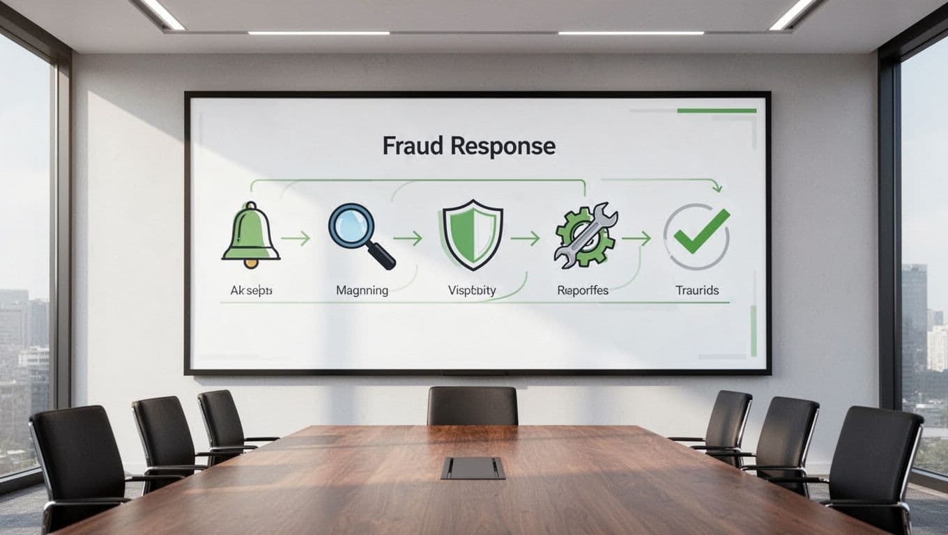 Digital screen in boardroom shows flowchart with icons for alert bell, assess magnifier, contain shield, investigate gears, remediate tools, review checkmark, linked by arrows.