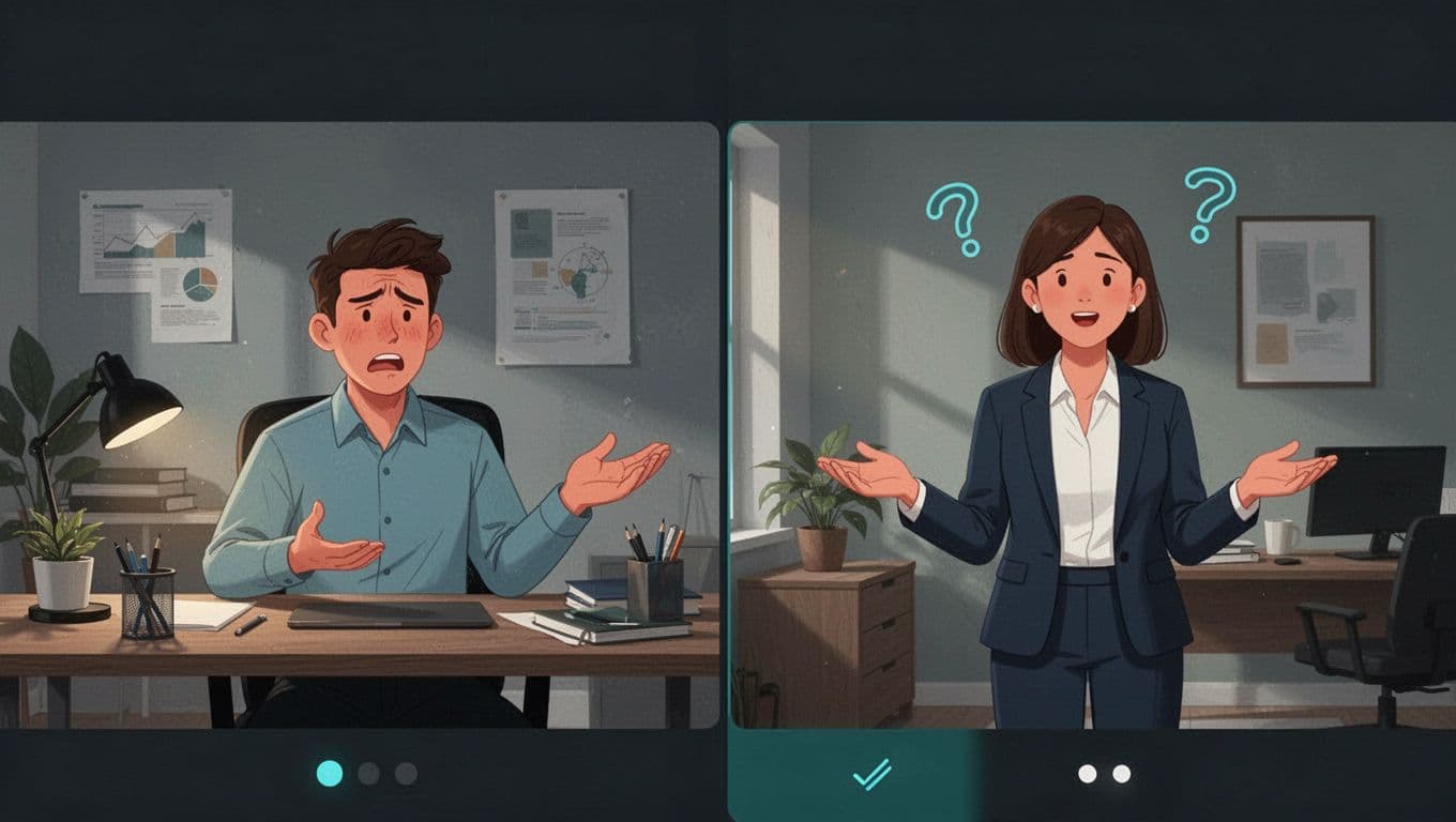 Modern illustration of a frustrated engineer at a home desk on a split-screen video call with a confused recruiter in an office, gesturing vaguely at abstract icons. Clean shapes and controlled colors with green accents highlight the poor communication mismatch.