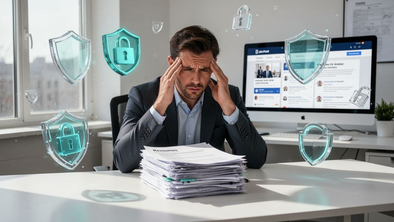 Modern illustration of a hiring manager at a desk facing a stack of resumes with floating network security icons like firewalls, locks, and shields, showing frustration in an office with a computer displaying job postings.