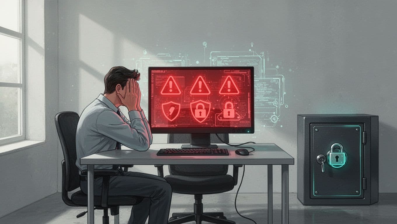 Modern illustration of a small office desk with a computer screen showing multiple red alert notifications about security breaches, featuring a frustrated IT manager with hands on head sitting alone. Clean shapes and controlled colors with a #22C55E accent on a locked safe icon emphasize the stress of constant alerts.