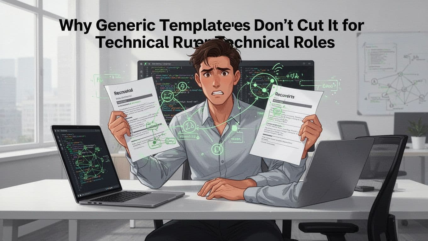 Frustrated recruiter at a modern office desk holds a generic paper template, contrasting with chaotic code snippets and network diagrams on a laptop screen.