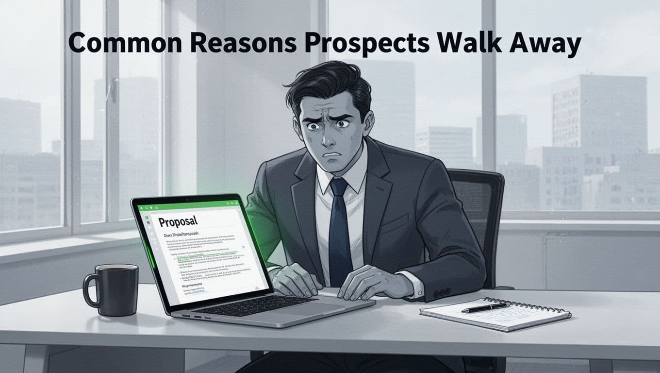 Sales professional looking frustrated at a clean office desk, staring at an open laptop with a proposal document, coffee mug and notepad nearby, in modern illustration style with cool tones and green accents.