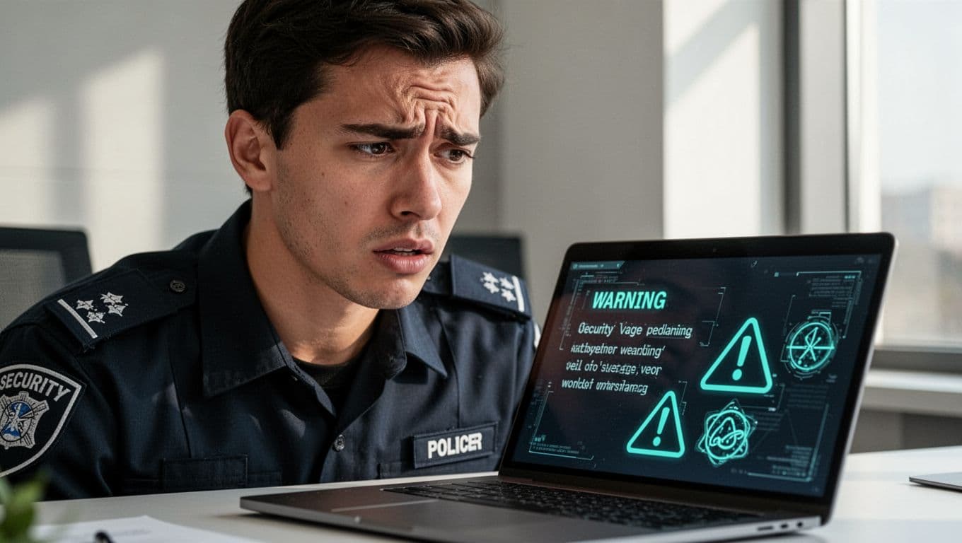 Modern illustration of a security officer candidate looking frustrated at a laptop screen displaying a poorly written job description with vague phrases and red flags like question marks and warning icons. Single person in office setting, close-up on face and screen, clean shapes, controlled colors with green accents on icons.