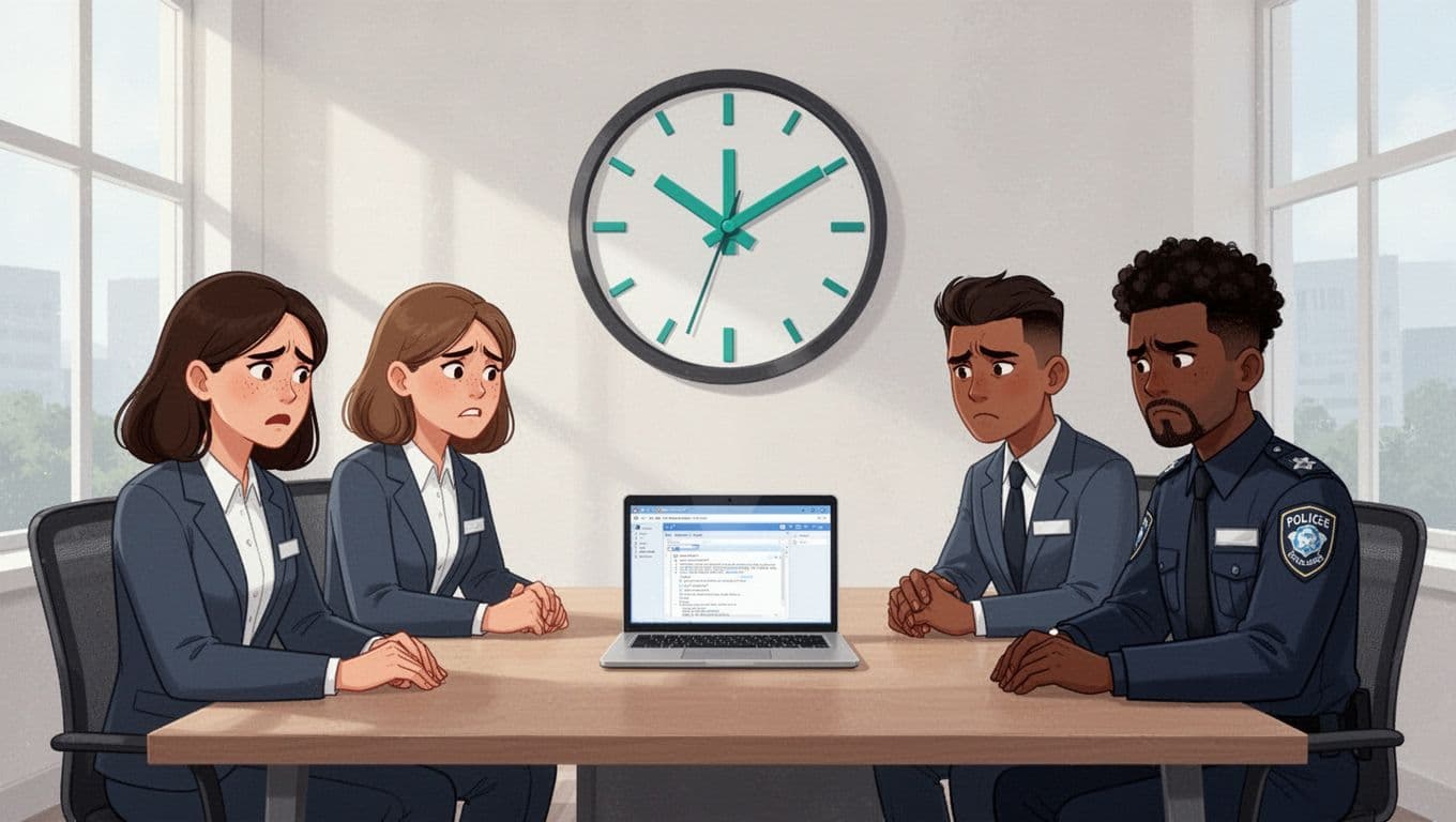Modern illustration of four diverse security professionals—two women and two men of various ethnicities—frustrated around a conference table in a bright office, with an oversized wall clock hands stuck at slow time and a laptop showing job postings.
