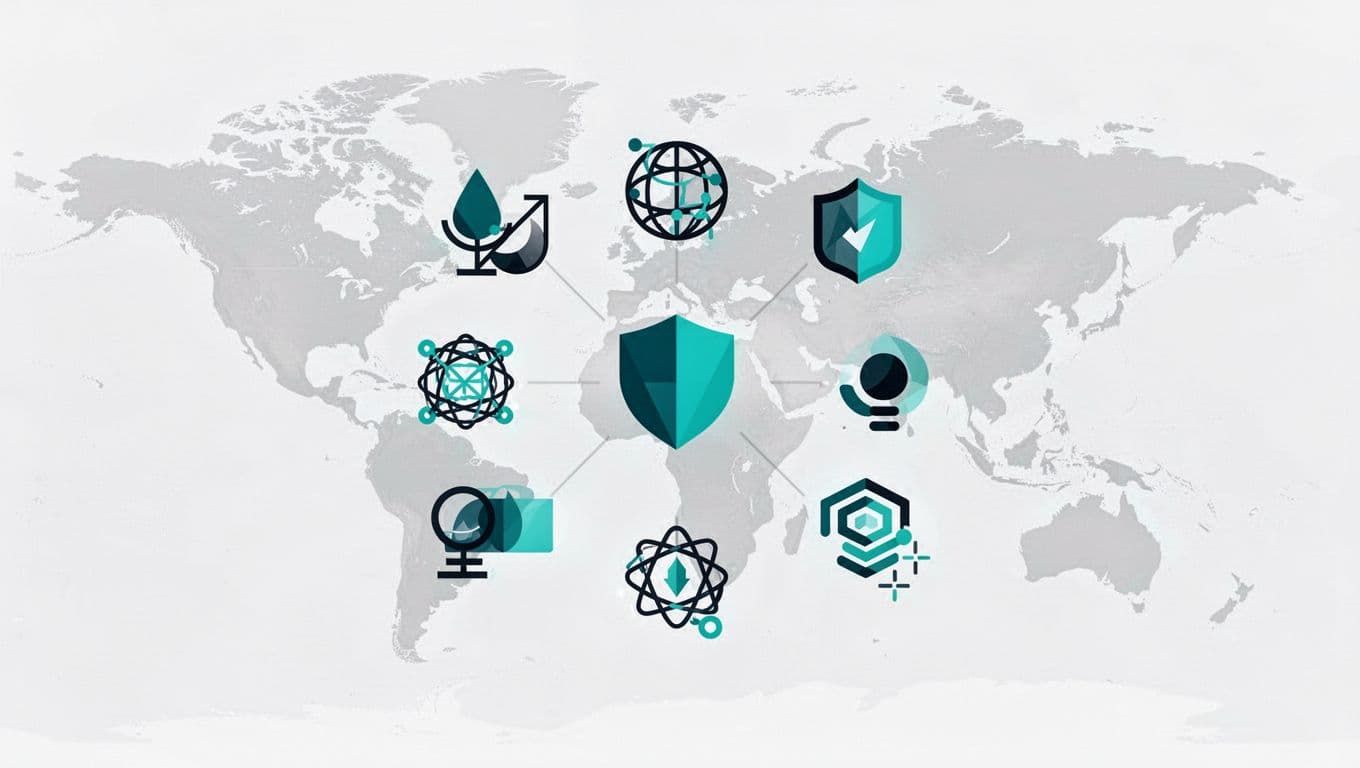 Modern illustration with clean shapes and green accents featuring icons of GDPR, CCPA, and HIPAA privacy laws on a simple world map background.