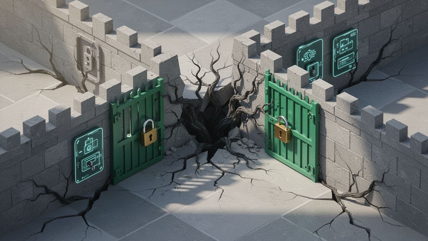 Modern isometric illustration depicting a company network as a secure fortress wall with official CRM and email tools as locked gates, breached by ghost IT apps through cracks, hidden doors, and shadowy tendrils.