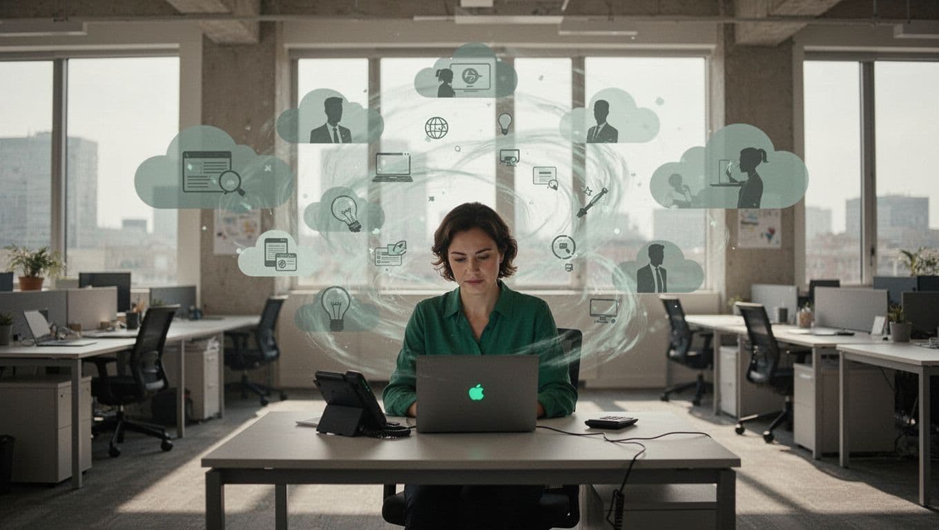 Modern illustration of a busy marketing office with four professionals at desks using laptops and phones focused on SaaS icons, while subtle ghost-like shadows of unauthorized cloud apps and AI tools emerge from screens, expanding the attack surface.