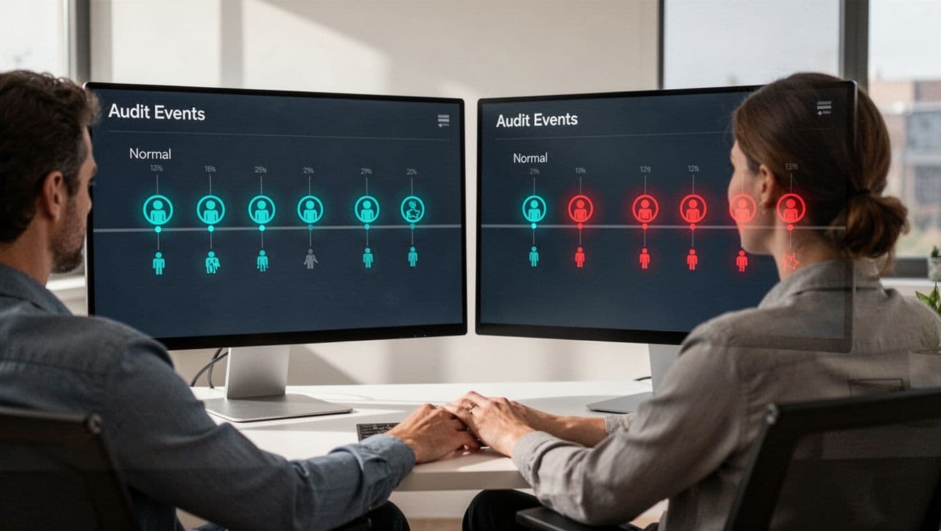 Dual monitors on desk display audit log timeline with event icons, some flagged red, viewed by seated analyst.