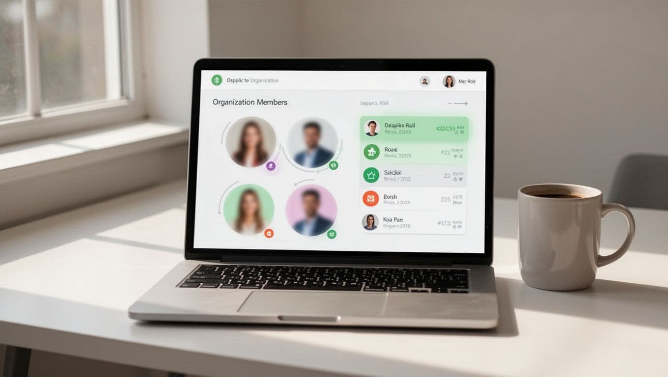 Laptop screen shows simplified dashboard of organization members with avatars, blurred names, roles, login dates, and risk highlights; coffee mug on desk.
