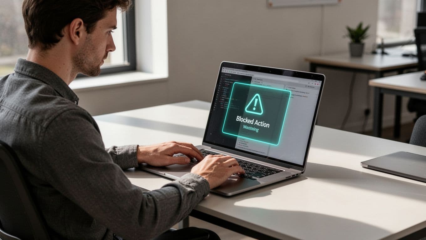 Modern illustration of a developer at a desk with laptop screen showing GitHub push blocked by secret scanning alert highlighted with green accent color, featuring clean shapes, controlled palette, and strong composition with exactly one person.