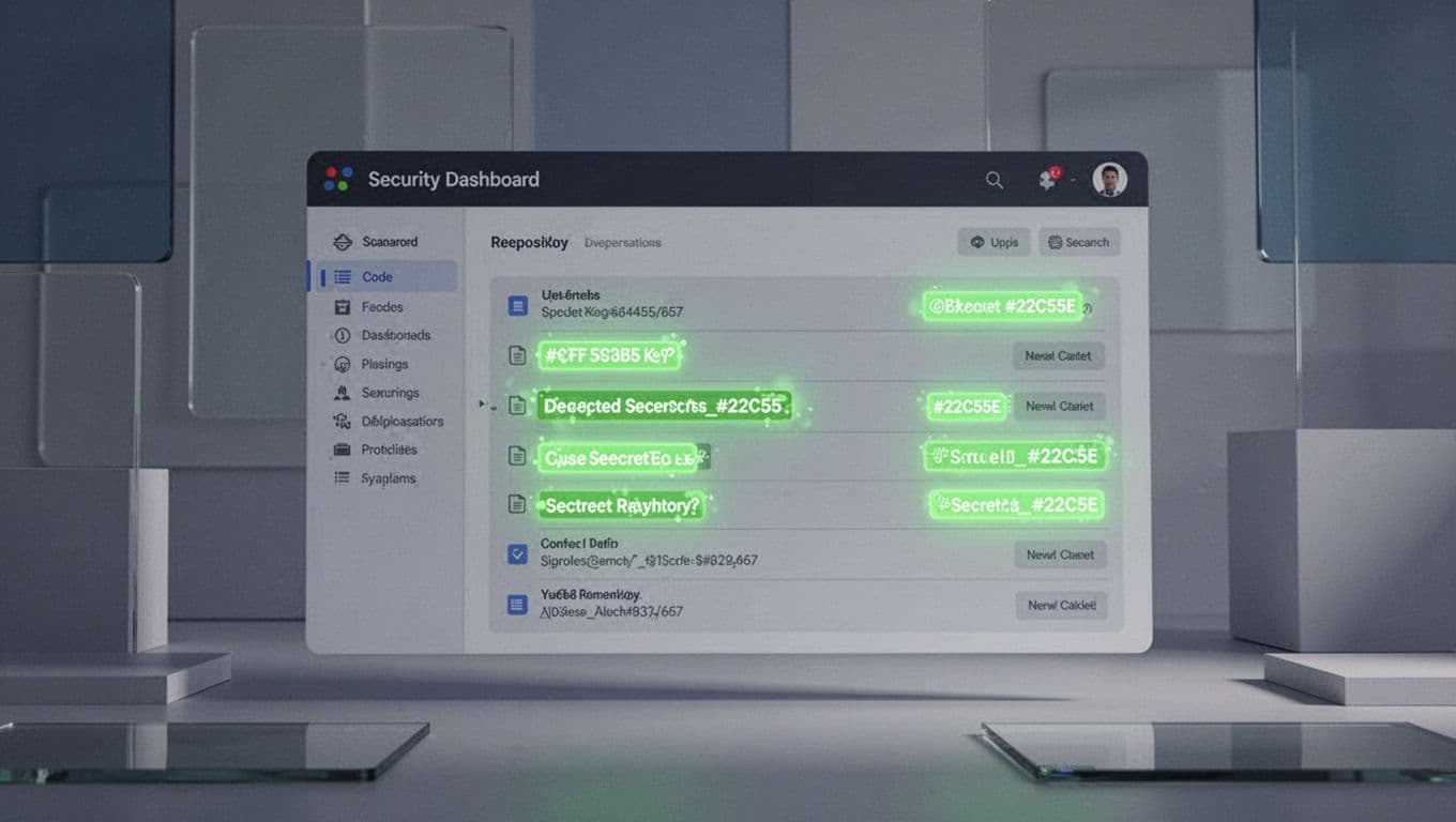 Modern illustration of a security dashboard scanning a GitHub code repository for secrets, with API key icons detected and highlighted in green.