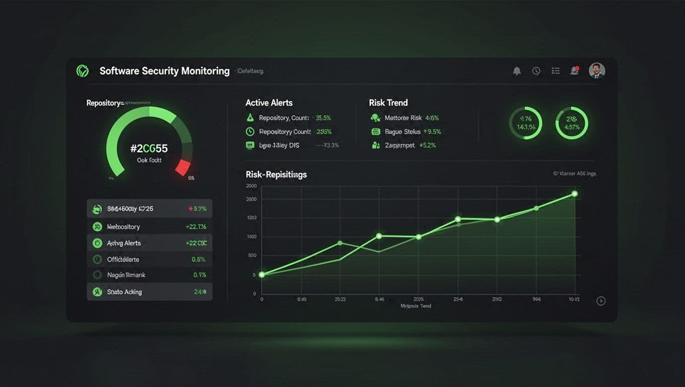 Modern illustration with clean shapes and controlled palette of a GitHub security monitoring dashboard, including repository count gauge, active alerts list, risk trend line chart, and safe status indicators in green on a dark background.