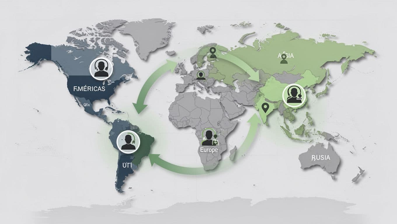 Modern illustration of a world clock divided into Americas, Europe, and Asia time zones, featuring on-call responder icons and handover arrows with #22C55E accents on active zones, in clean shapes and controlled color palette.