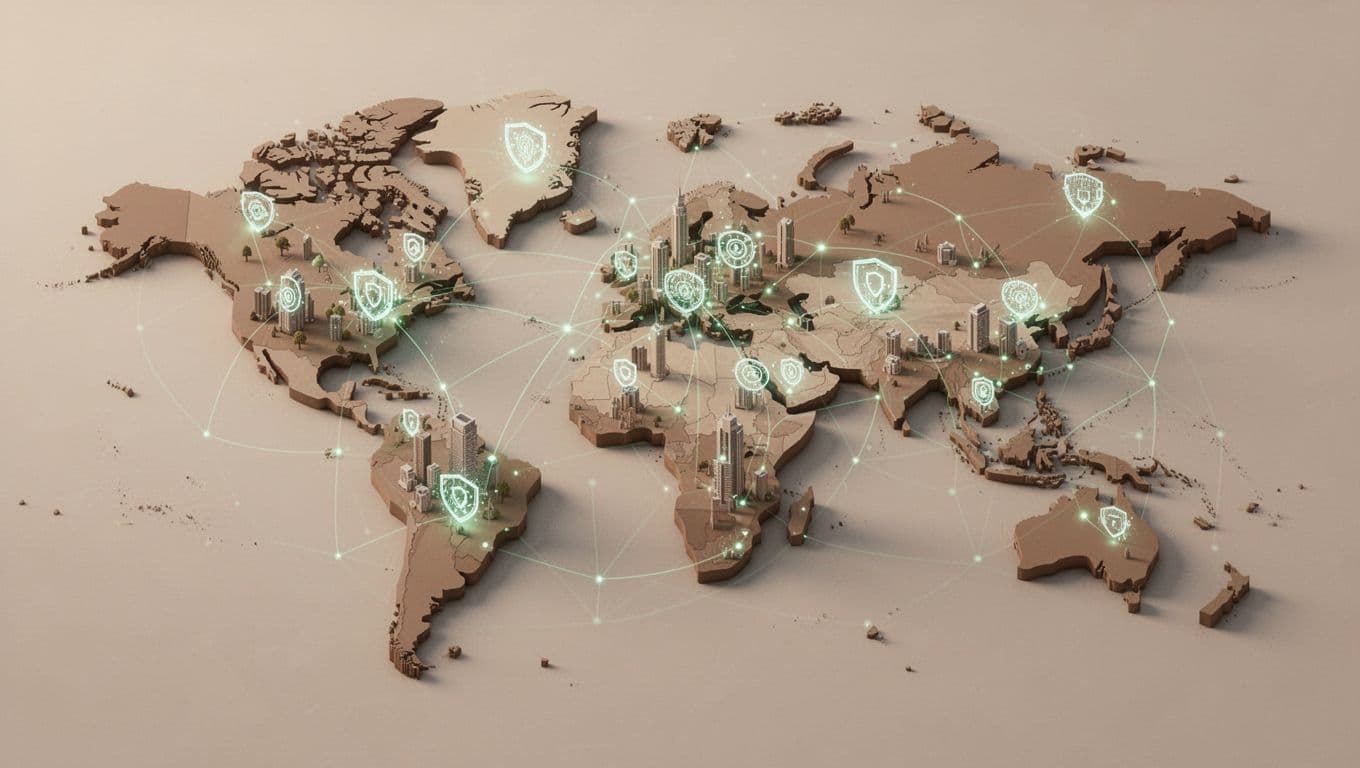 Modern isometric illustration of a world map highlighting cybersecurity coverage zones with connected nodes for major cities and faint green network lines linking regions, using clean shapes and an earth-tone palette, centered composition with no text, people, or logos.