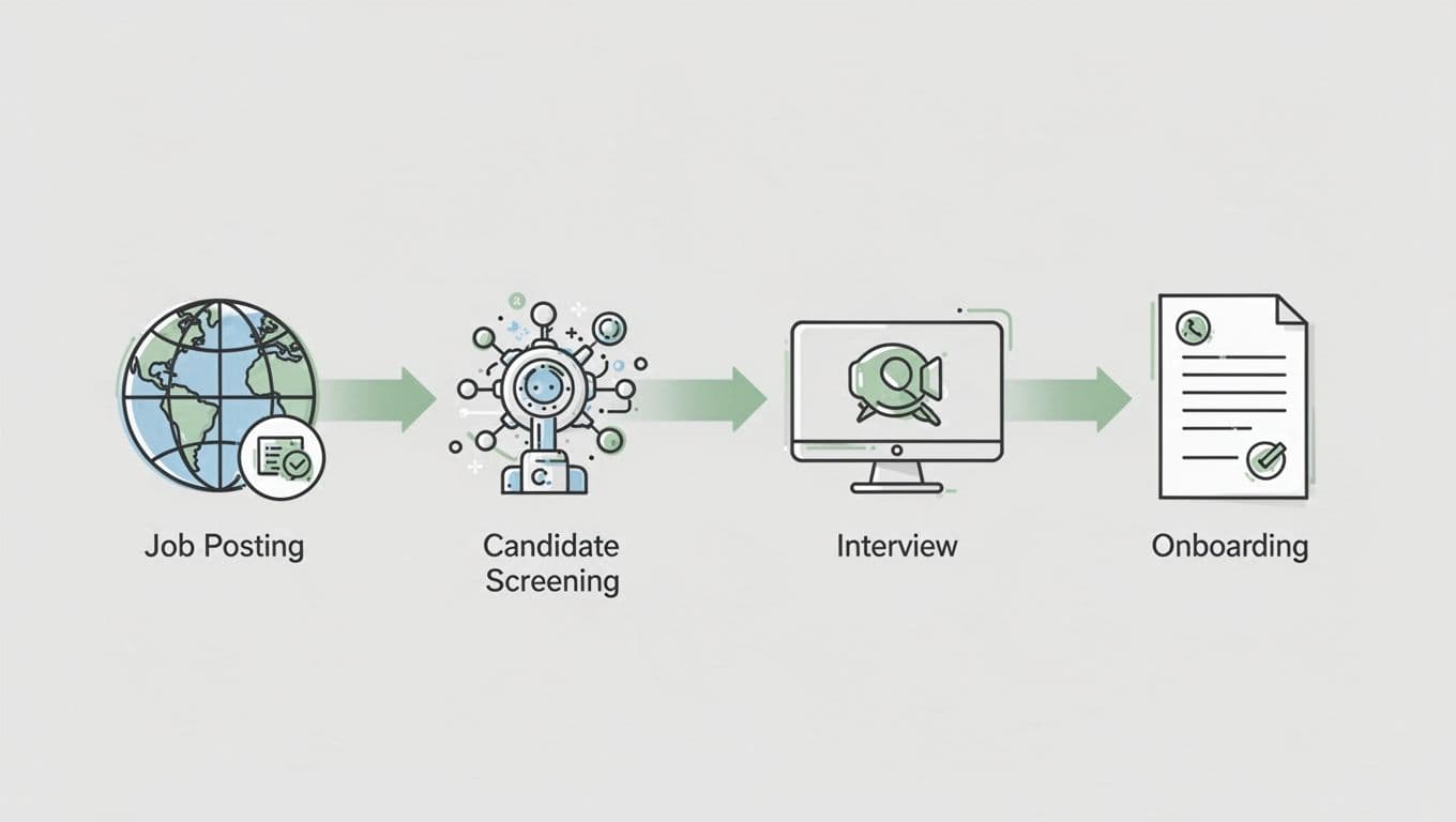 Simple flowchart icons depicting international hiring steps including job posting globe, AI candidate screening, video interview call, and onboarding contract in modern clean line art style with neutral palette and green arrow accents.