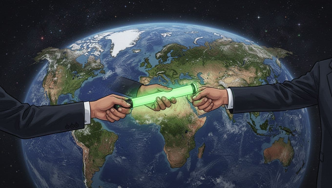 Earth from space shows three analysts handing off glowing green baton across Americas, Europe, and Asia-Pacific.