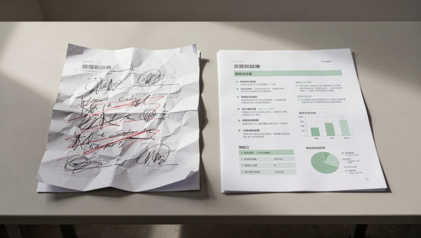 Side-by-side illustration on a clean desk contrasting poor security documentation (crumpled paper with scribbles and red errors) against a neat, structured good example (bullet points and green-highlighted charts). Modern style with neutral tones, soft lighting, and no readable text.