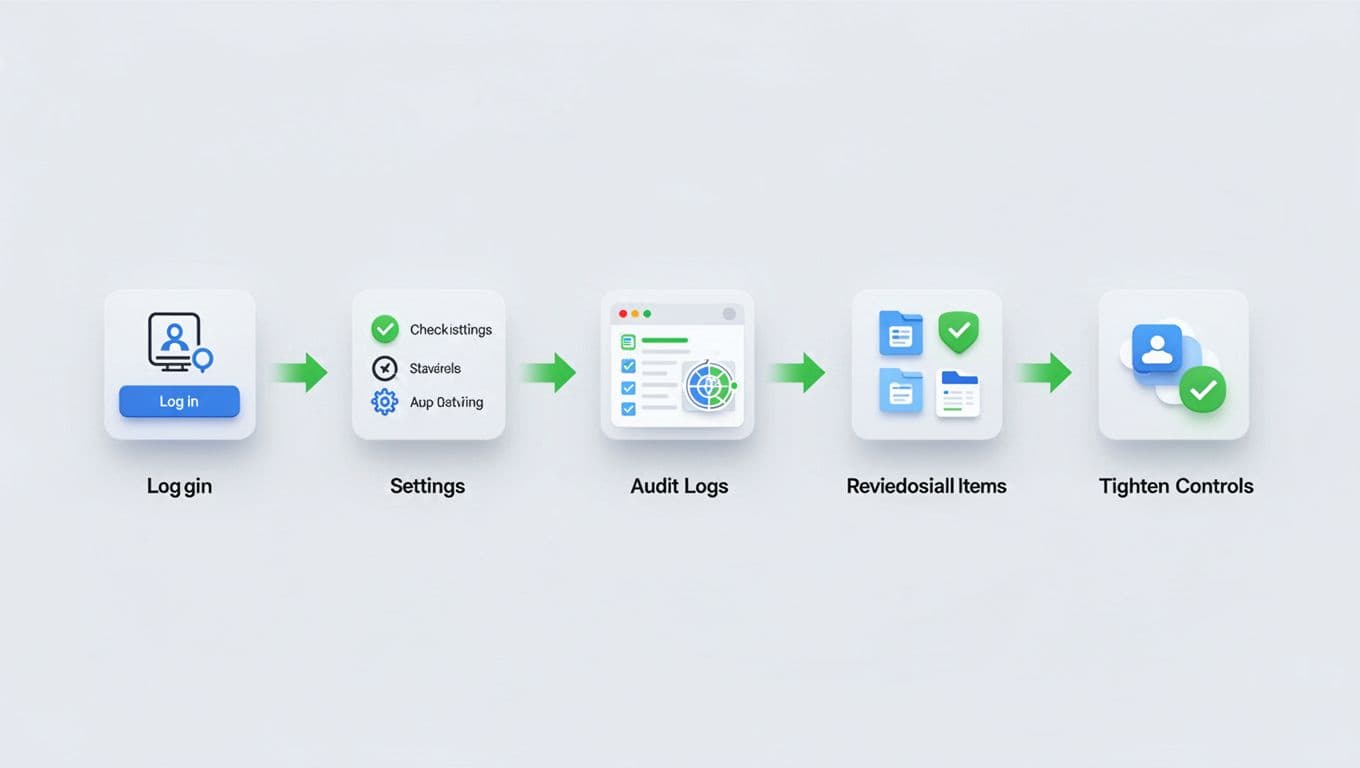Modern horizontal workflow diagram illustrating the process for reviewing Google Drive external sharing, with icons for admin login, settings check, audit logs, share review, and control tightening on a clean digital background using #22C55E accents.