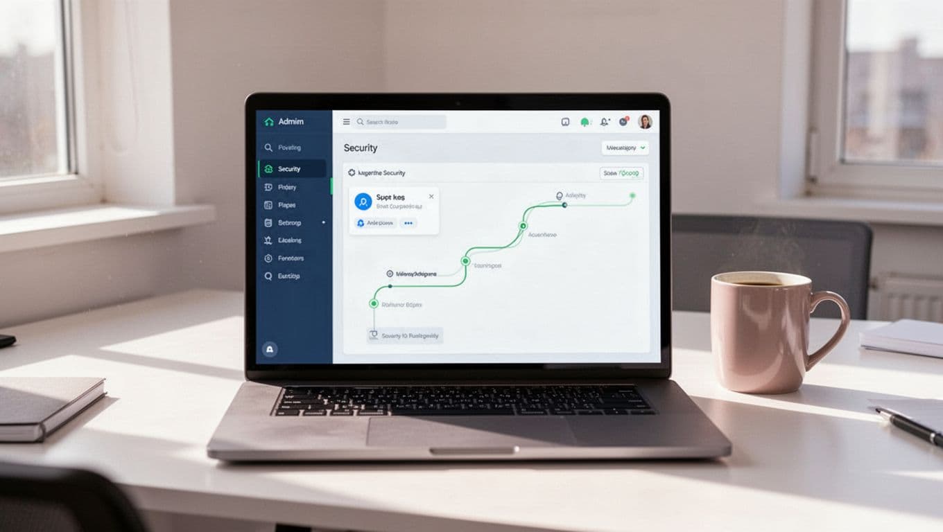 Laptop on office desk with coffee mug shows Admin Console sidebar open to Security, green-highlighted path to API controls.