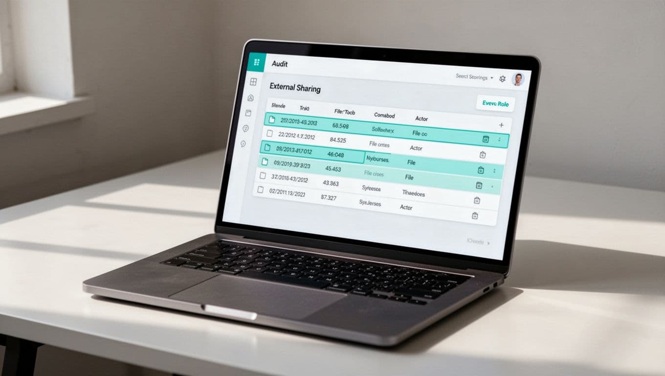Modern illustration of Google Workspace Investigation Tool screen showing Drive log events results table with external sharing entries on a laptop.