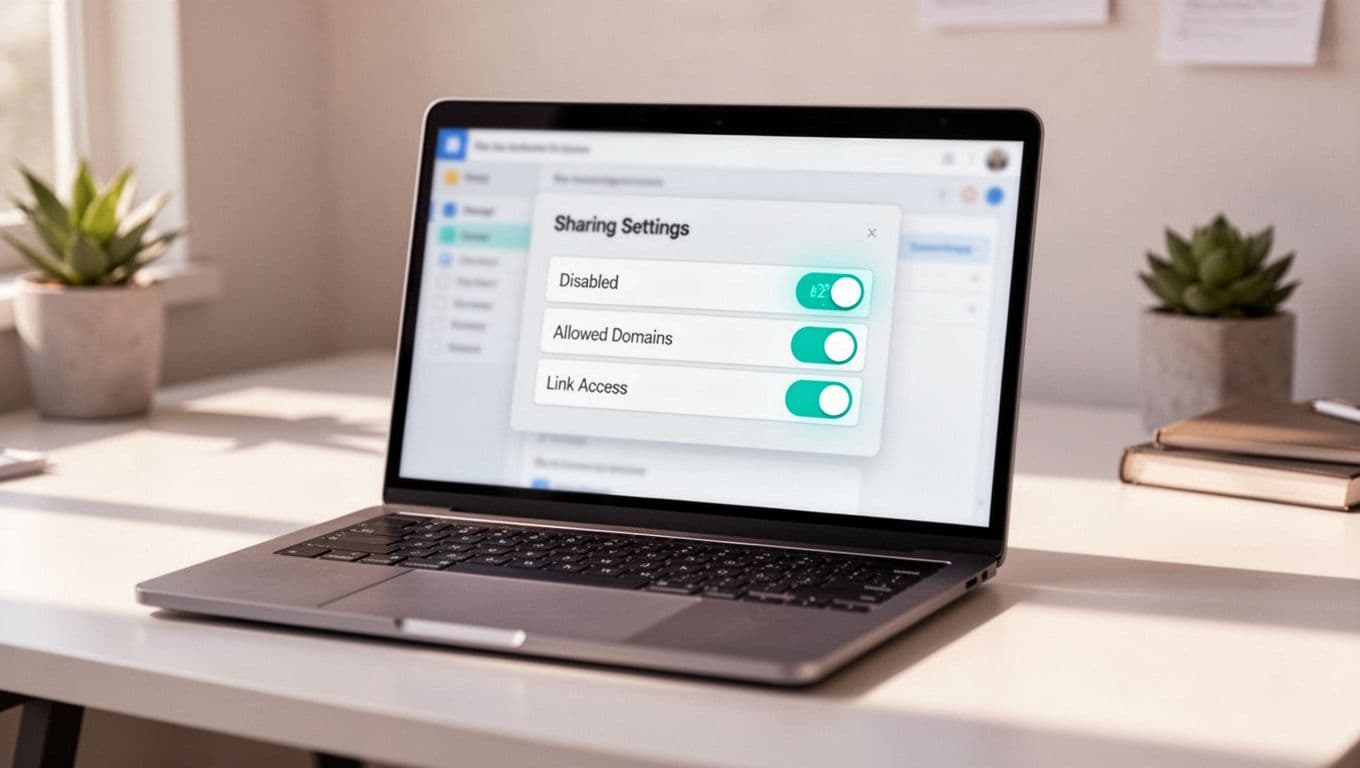 Modern illustration of Google Workspace admin console focused on Drive and Docs sharing settings, showing external sharing options like off, whitelisted domains, and anyone with link. Laptop on a clean desk at slight angle with blurred screen details and #22C55E accent color.