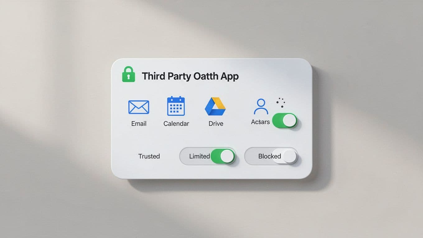 Dashboard card displays third-party OAuth app with scope icons for email, calendar, drive, user count indicator, and access level toggles.