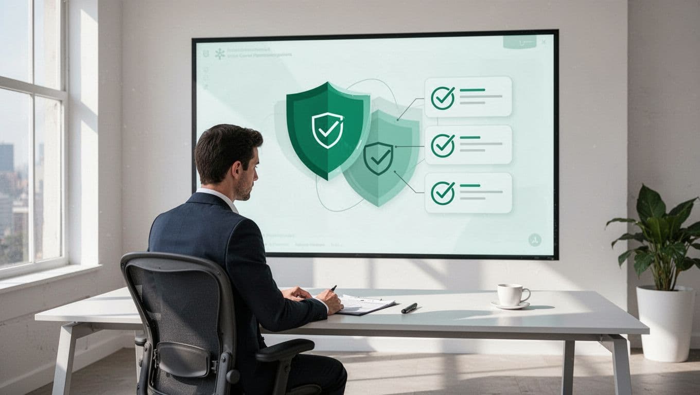 GRC analyst at modern desk views digital screen with overlapping shield and checklist icons in mapping diagram.