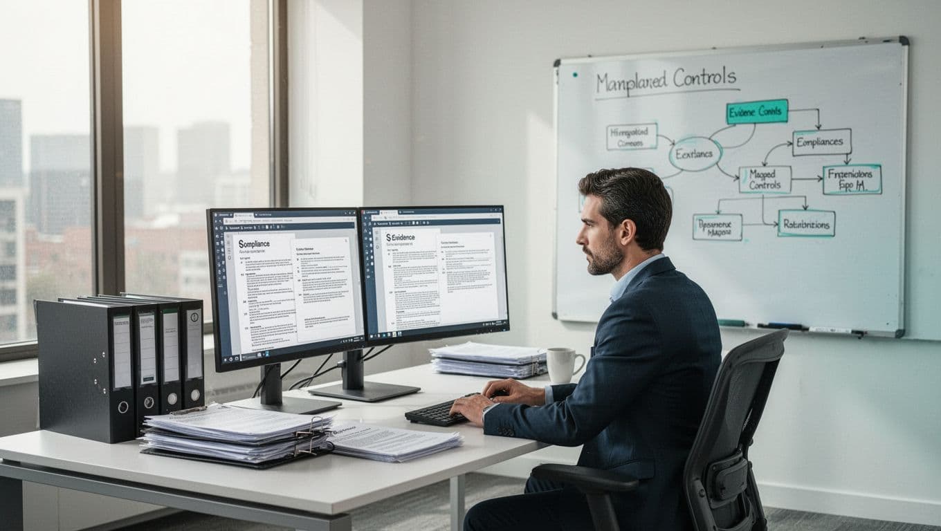 Modern illustration of a GRC analyst at a desk in a contemporary office, reviewing compliance documents on dual monitors with nearby evidence folders and a whiteboard mapping controls.