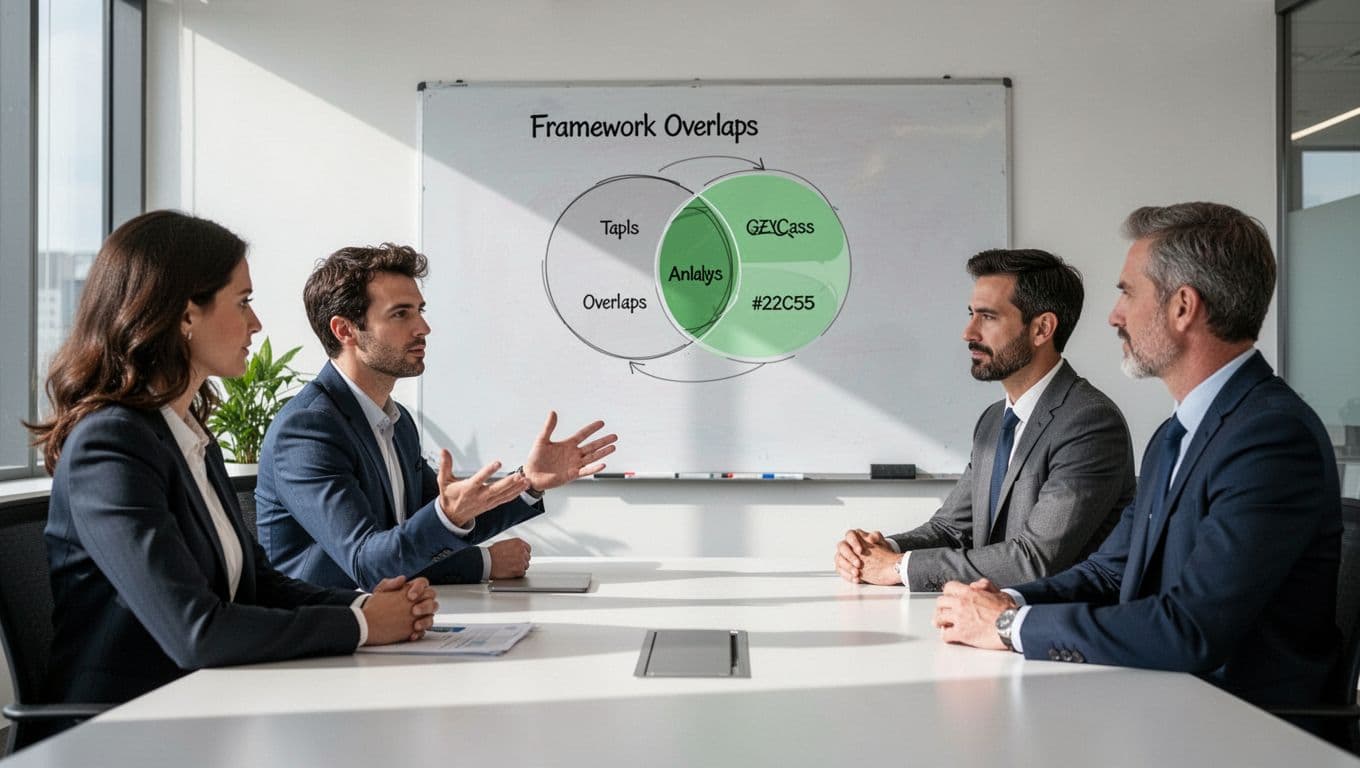 GRC analyst candidate points to whiteboard chart of framework overlaps while presenting to three business leaders at conference table.