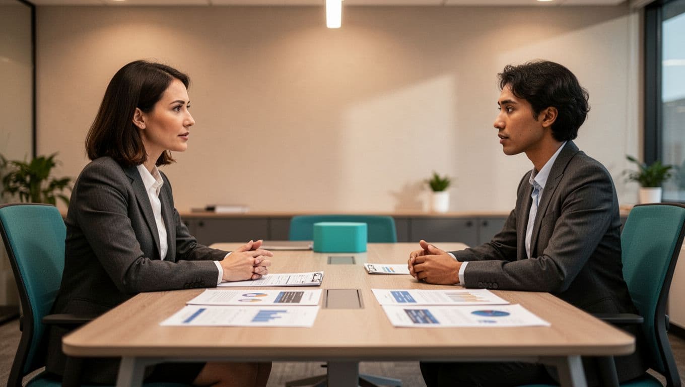Modern illustration showing a hiring manager interviewing a GRC candidate across a table, discussing risk assessment and audit preparation with blurred notes and SOC 2 frameworks, featuring clean shapes, warm office lighting, and green accents.