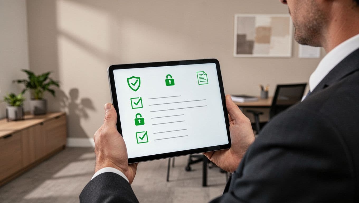 Modern illustration of a professional holding a digital tablet with a GRC hiring checklist in a regulated office setting, featuring governance, risk, and compliance icons like shields, locks, and documents in clean shapes and soft lighting.