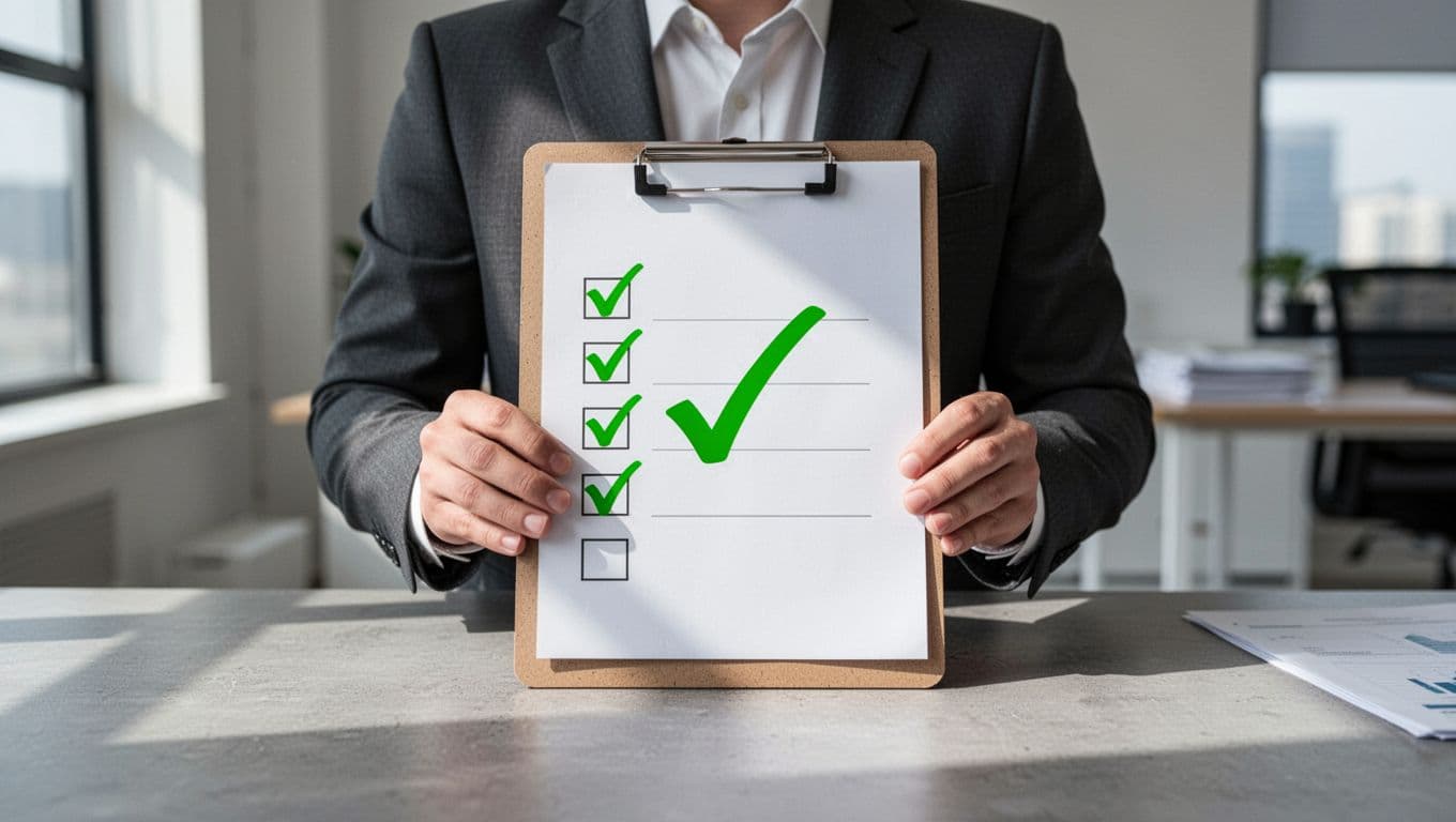 Modern illustration of a business professional in an office holding a simple hiring scorecard checklist on a clipboard, featuring checkmarks for criteria like multi-framework experience and cross-functional collaboration, with clean shapes and natural lighting.
