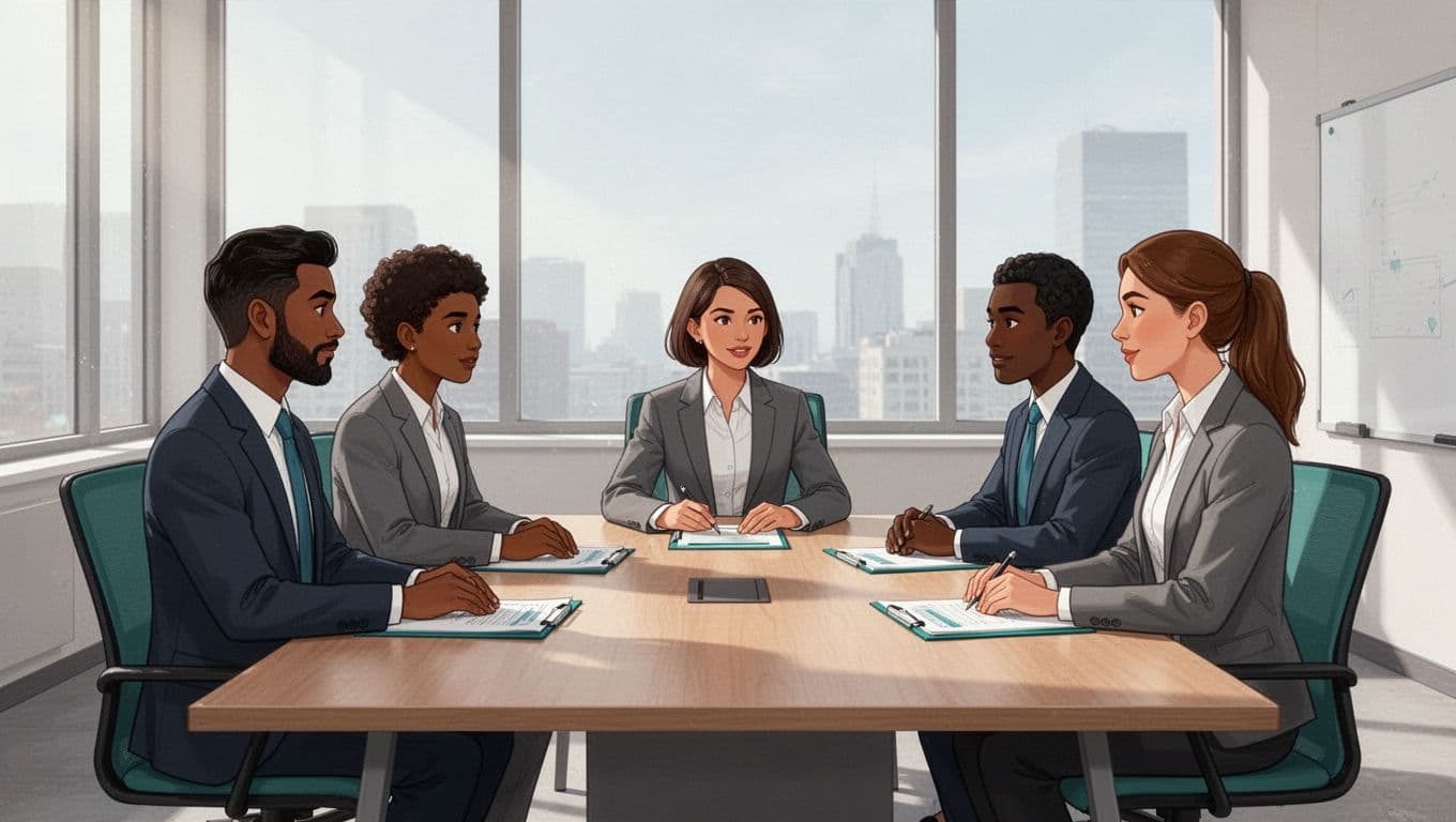 Modern illustration depicting diverse executives in a conference room interviewing a GRC manager candidate, featuring one seated candidate and three interviewers with notes, focused on engaged discussion.
