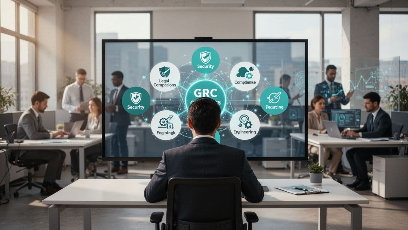 Modern illustration of a GRC manager at a desk with icons for SOC 2, ISO 27001, HIPAA, and PCI DSS frameworks overlapping in a unified control map on a digital screen, office setting with background team.