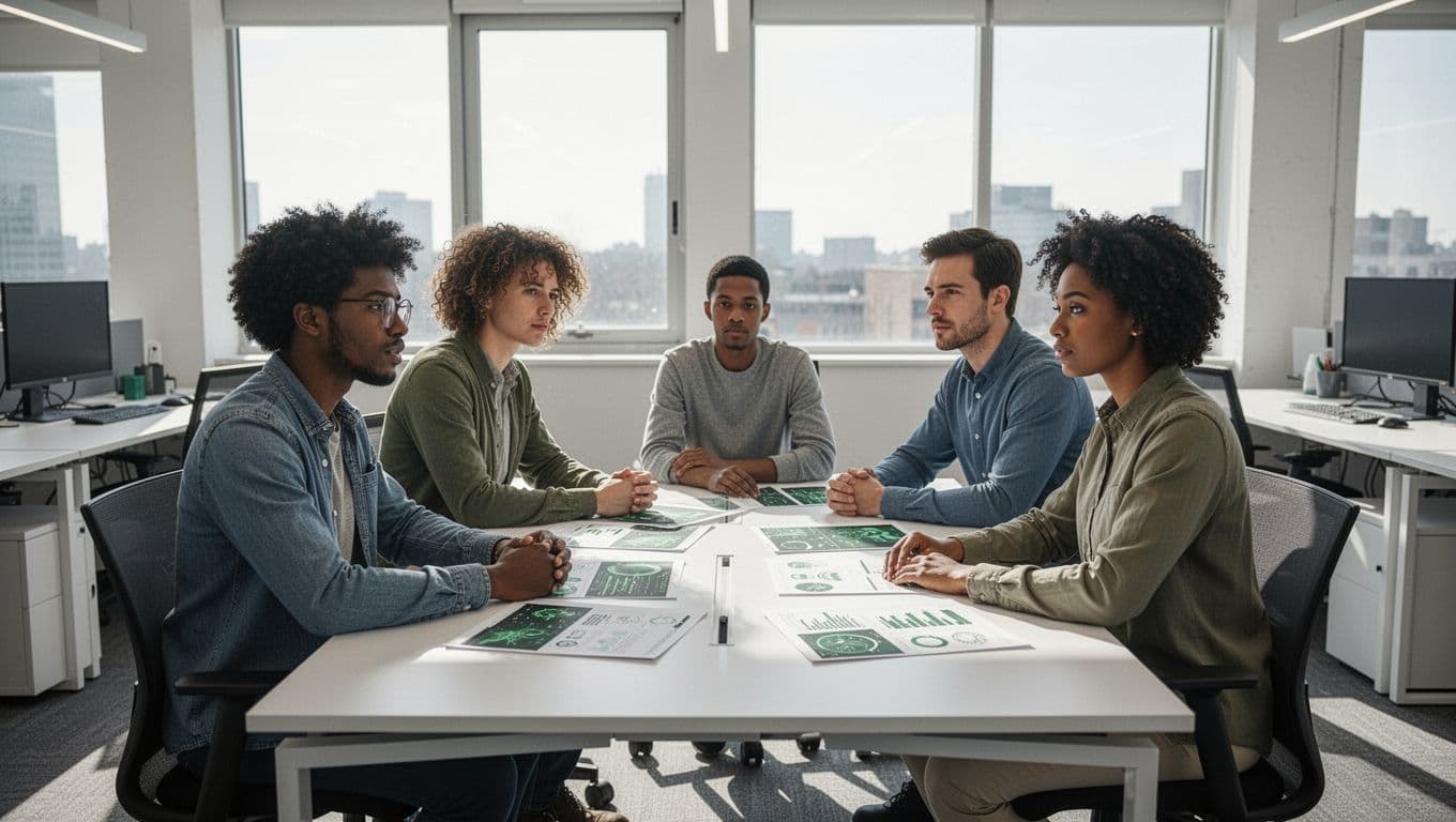 Four diverse SOC analysts collaborate around a central table in a modern open office space, reviewing threat intelligence reports with green highlights. Clean shapes, bright daylight, strong composition emphasizing team dynamics in a maturing SOC.