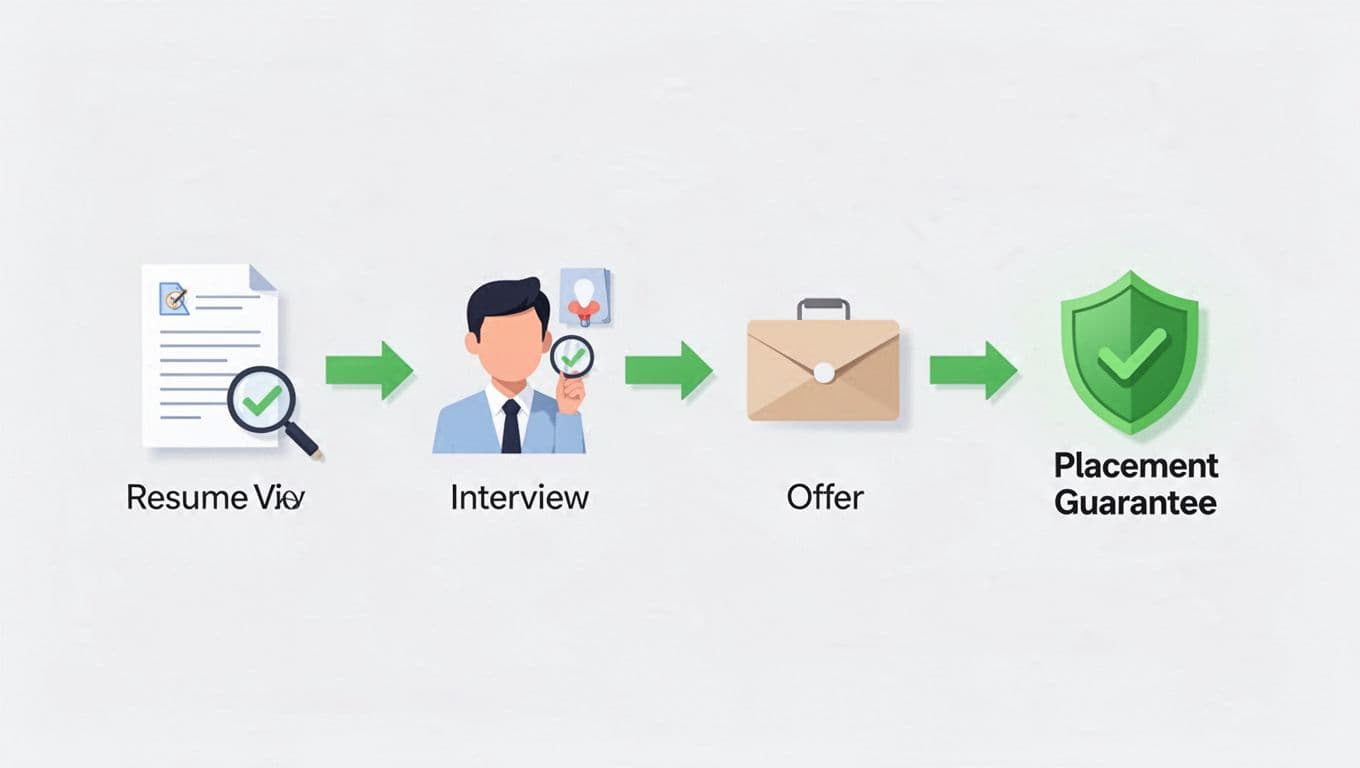 Modern illustration of a job placement process flowchart with simple icons for resume review, interview, offer, placement, and guarantee symbol. Clean shapes and controlled colors with #22C55E accent on arrows and guarantee icon, landscape ratio, no people, text, labels, or watermarks.