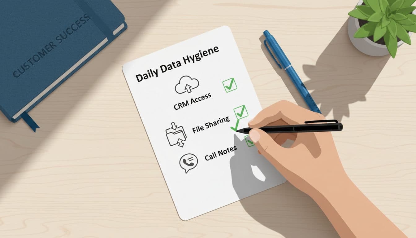 Top-down close-up of hand checking off checklist items with green checkmarks for CRM access, file sharing, and call notes icons on desk, pen nearby, notebook in background.