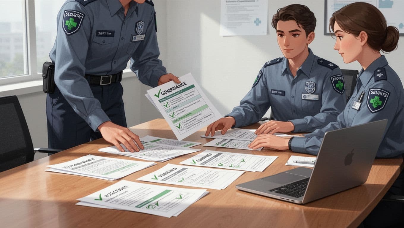 Modern illustration of a security team auditing compliance in a healthcare boardroom, featuring two professionals—one standing and one seated—reviewing documents and checklists with green accents on checkmarks.