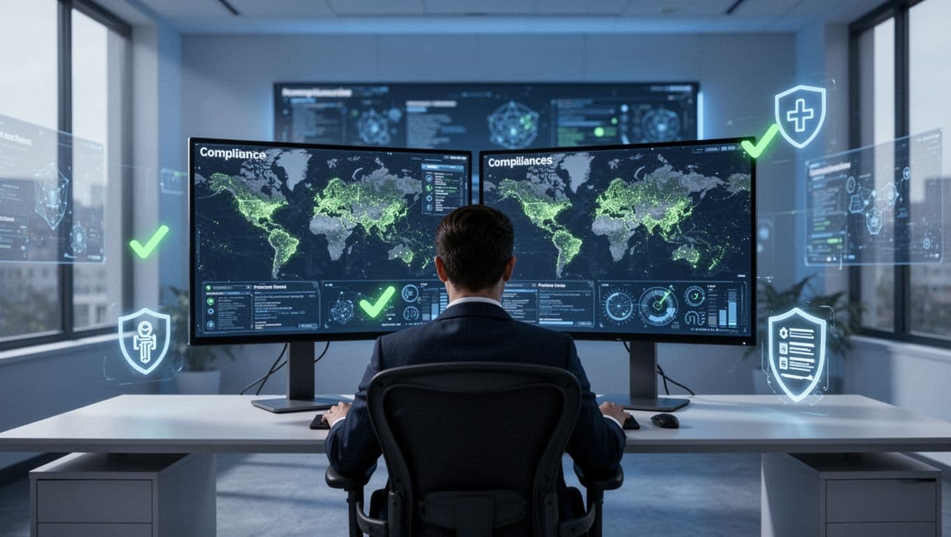 Modern illustration of a cybersecurity analyst in a secure healthcare operations center, seated at a desk monitoring dual screens with abstract threat maps and compliance dashboards, accented by protected patient records icons.