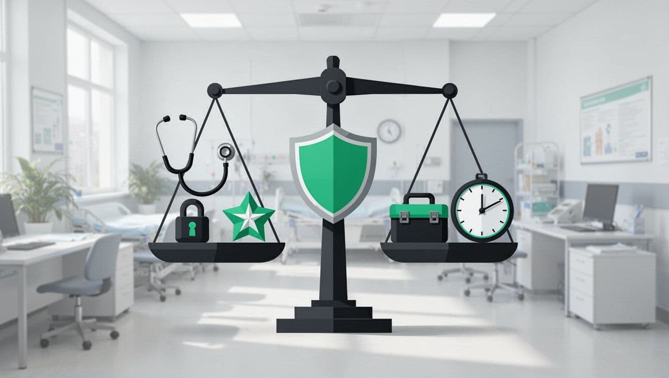 Modern illustration of a balanced scale holding icons for healthcare cybersecurity evaluation criteria like stethoscope, HIPAA shield, locks, stars, toolbox, and incident clock against a subtle hospital background.