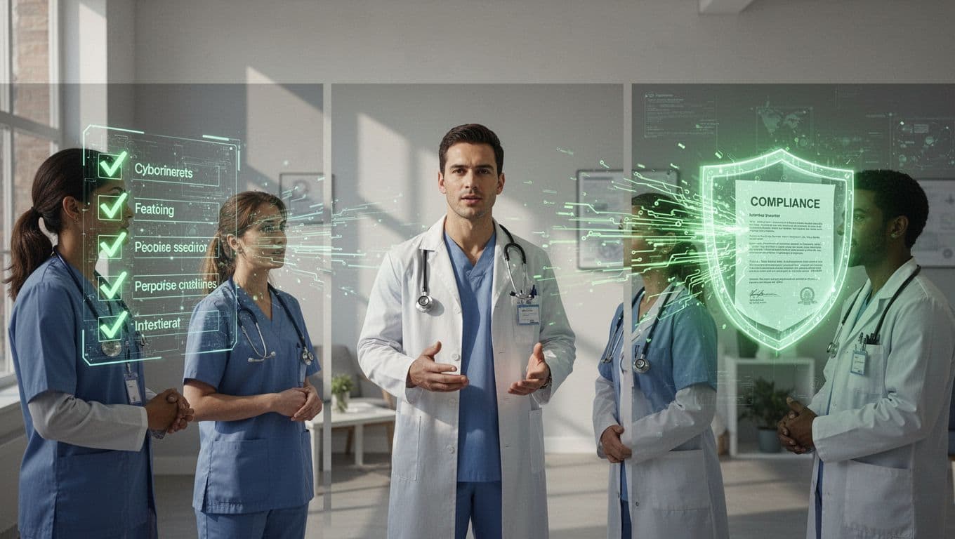 Modern illustration with side-by-side panels comparing healthcare cybersecurity services: risk assessment checklist, ransomware shield blocking attack, HIPAA audit green light, and team training session with three people. Clean shapes, positive green accents, consistent style, landscape view, no text.
