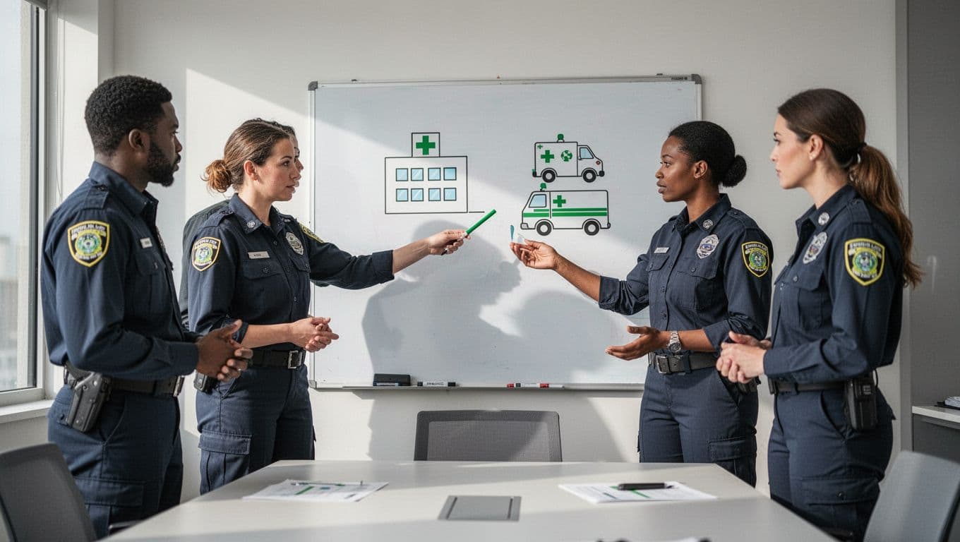 Diverse team of emergency responders and administrators brainstorming response to healthcare disruption in a meeting room, with whiteboard featuring simple hospital and ambulance icons, modern illustration style.
