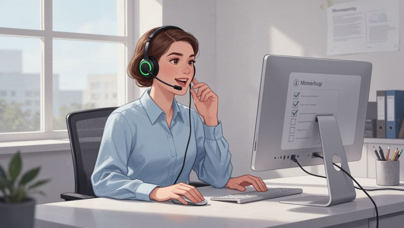 Modern illustration of a help desk support agent at a workstation, wearing a headset and verifying user identity on the phone during MFA fatigue suspicion. Computer screen angled away with vague checklist, professional office setting with natural daylight and green accents.