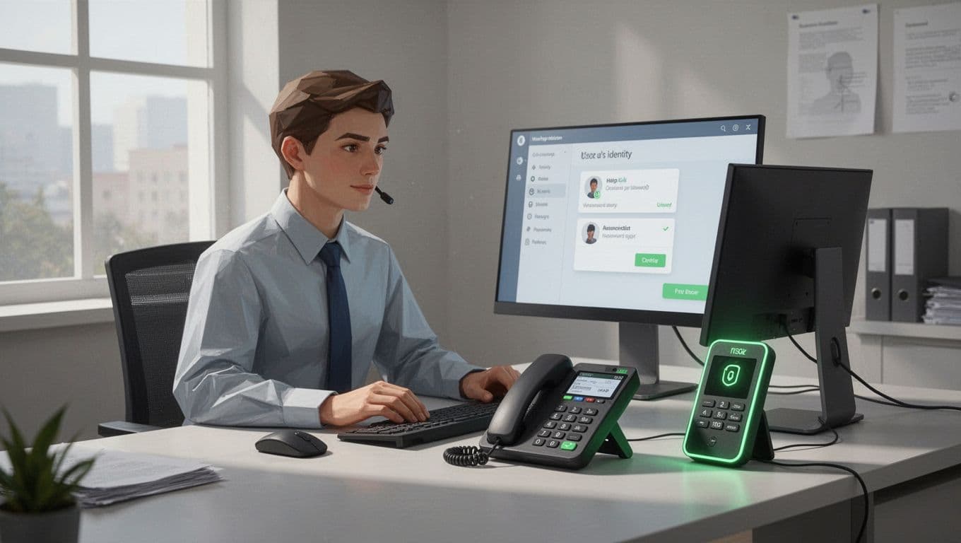 Modern illustration of a help desk agent at a computer verifying user identity during a password reset phone call, surrounded by secure verification icons like phone callback and MFA device in a clean office setting.